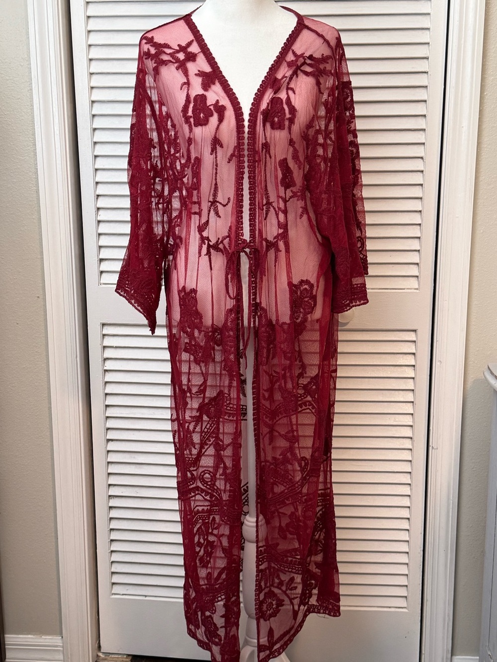 Womens Crochet Mesh Tie Front Duster Cardigan Floral Red Festival